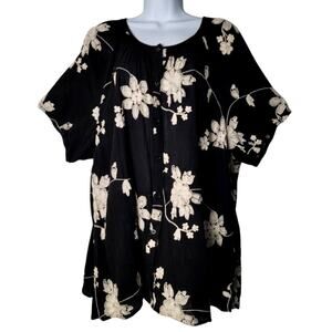 Liz & Me 3X Black Cotton Button Up Blouse Floral‎ Embroidered Plus Witchy Boho